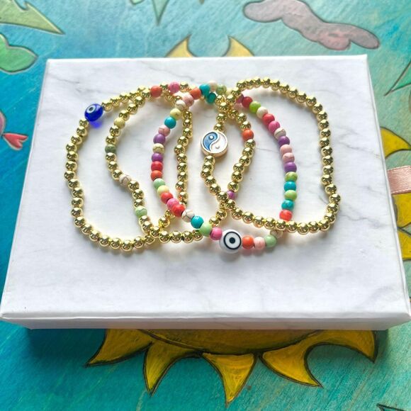 Colorful Gold Beaded Elastic Bracelet Stack w/ Evil Eye and Yin Yang - Picture 1 of 4